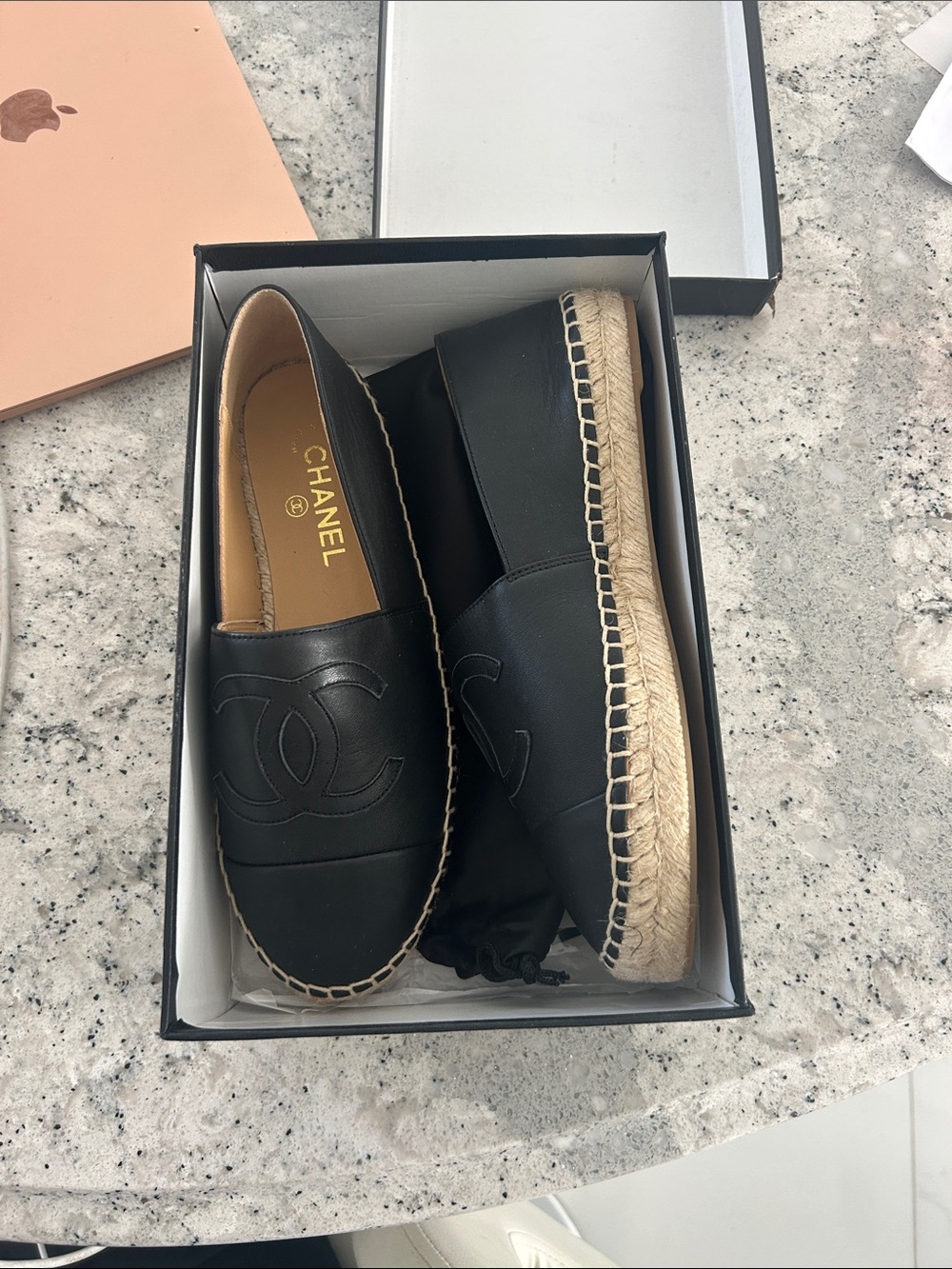 inspired Black Leather Espadrille Flats